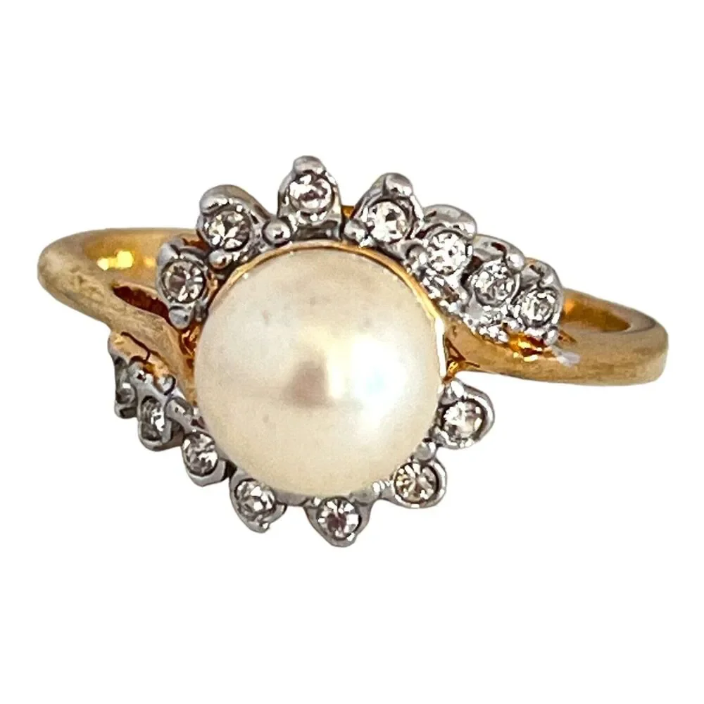 Vintage 1980s ESPO Joseph Esposito Pearl Halo Ring Crystal Accent Gold Tone - 5Z